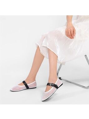 Women’s Sheer White Mary Jane Flats with Black Strap